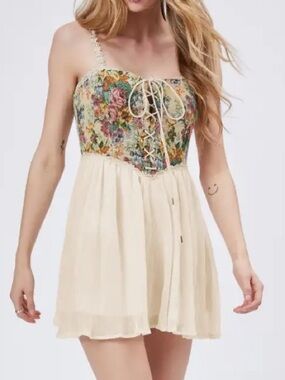 CIDER SECRET GARDEN TAPESTRY CORSET FAIRY DRESS WHIMSICAL MINI DRESS CROCHET NWT